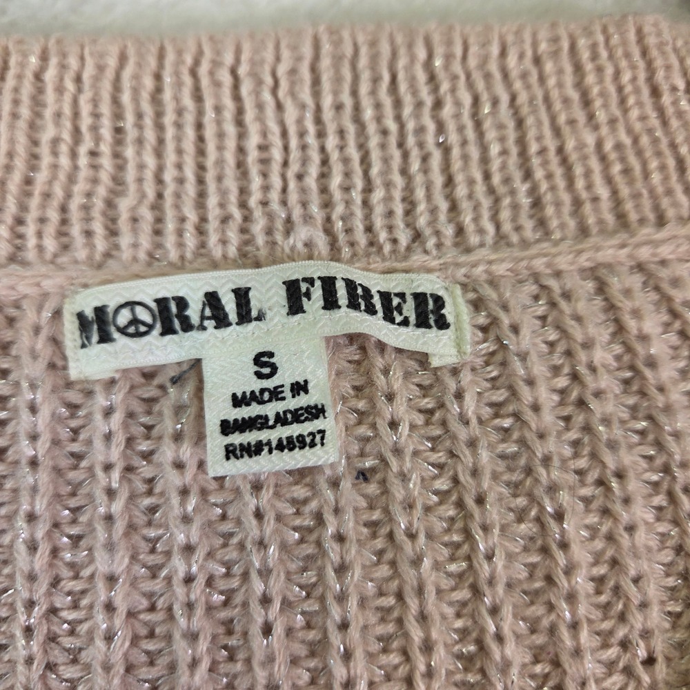 Moral Fiber Womens Blush Pink Metallic Shimmer V-Neck Ribbed Knit Sweater Small - Picture 4 of 8